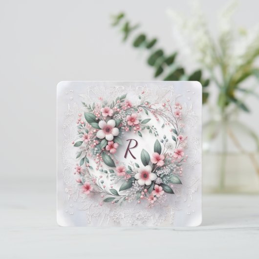 Monogram in elegante bruiloft bloemenkrans kaart (Staand voorkant)