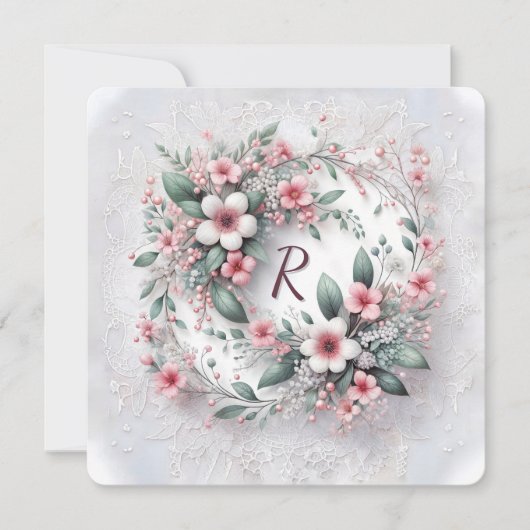 Monogram in elegante bruiloft bloemenkrans kaart (Voorkant)