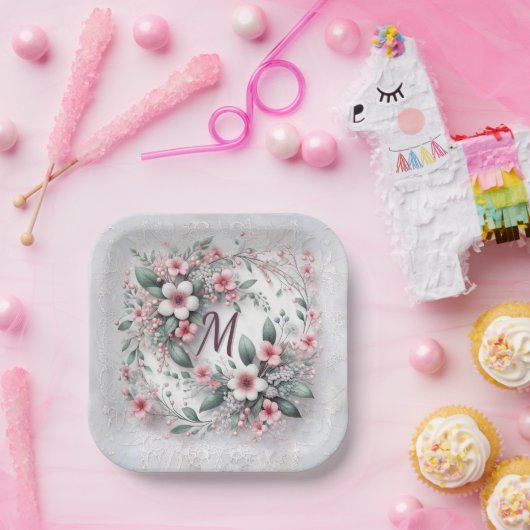 Monogram in elegante bruiloft bloemenkrans papieren bordje (Feest)