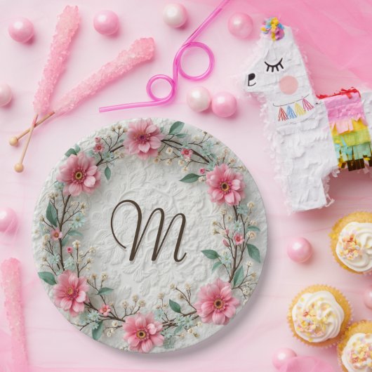 Monogram in elegante krans op kant papieren bordje (Feest)