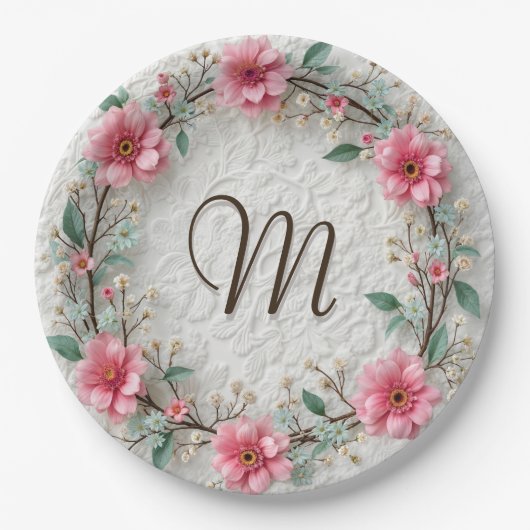 Monogram in elegante krans op kant papieren bordje (Voorkant)