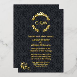 Monogram in Floral Wreath Black Damask Wedding Folie Uitnodiging