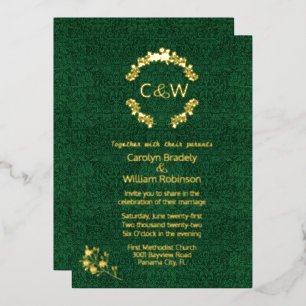 Monogram in Floral Wreath Green Damask Wedding Folie Uitnodiging