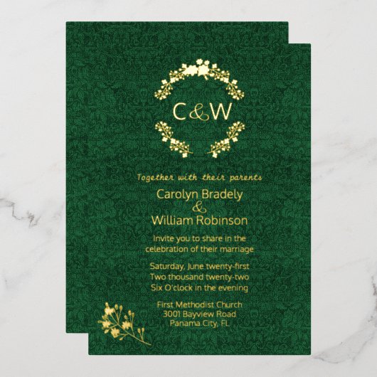 Monogram in Floral Wreath Green Damask Wedding Folie Uitnodiging (Voorkant / Achterkant)
