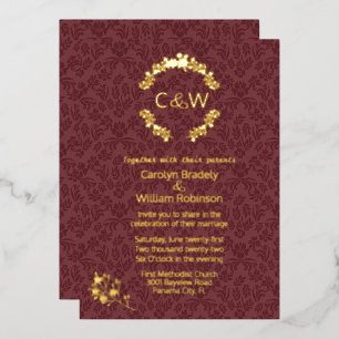 Monogram in Floral Wreath Wine Damask Wedding Folie Uitnodiging