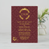 Monogram in Floral Wreath Wine Damask Wedding Folie Uitnodiging (Staand Voorkant)