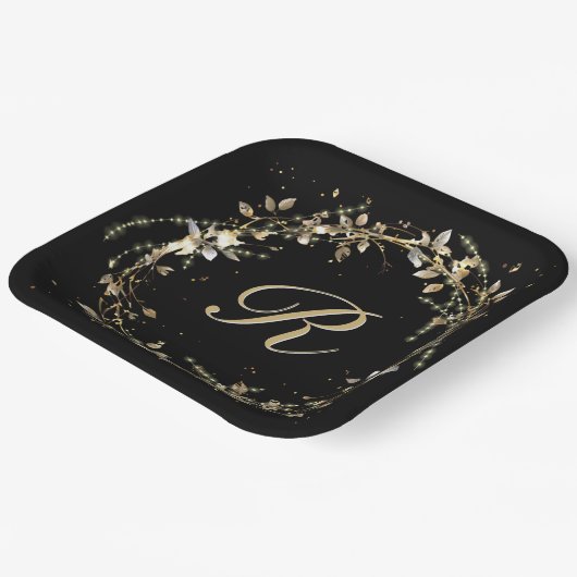 Monogram in goud gloeiende krans op zwart papieren bordje (Gebogen)