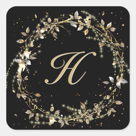 Monogram in goud gloeiende krans op zwart vierkante sticker (Voorkant)