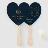Monogram in Gouden Krans Blauw Hart Trouwprogramma Handwaaier (Voorkant en achterkant)