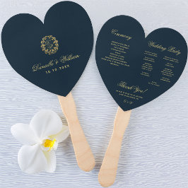 Monogram in gouden krans blauw hart trouwprogramma handwaaier