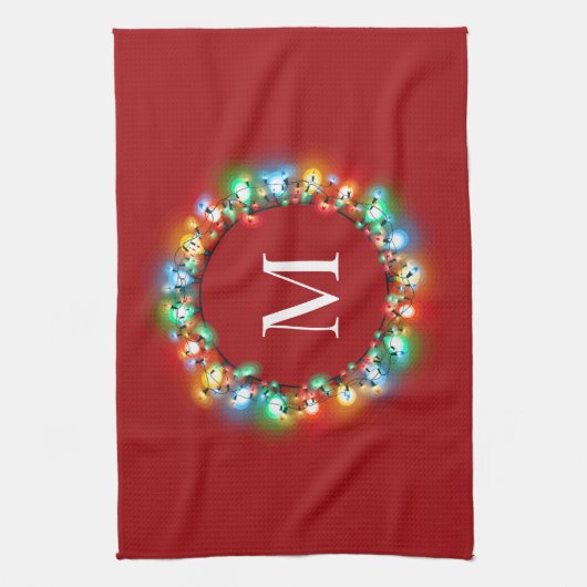 Monogram in Kerstverlichting Cirkel Vakantie Theedoek (Verticaal)