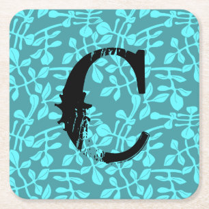 Monogram in nood op aqua gestileerde bladeren kartonnen onderzetters