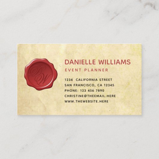 Monogram in Red Wax Seal op oud papierperkament Visitekaartje (Achterkant)