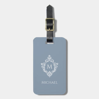 Monogram in Wapen Stof Blauw Witte Initiaal Elegan Bagagelabel