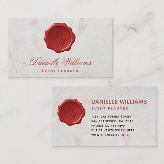 Monogram in Wax Seal op White Marble Red Script Visitekaartje (Voorkant / Achterkant)