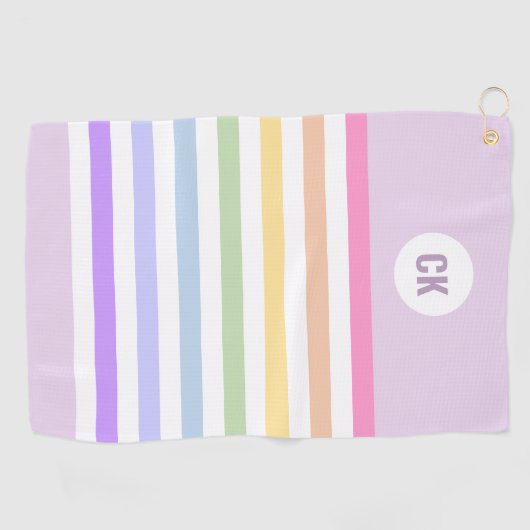 Monogram in witte cirkel pasta regenboogstrips golfhanddoek (Horizontaal)