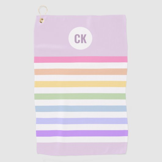 Monogram in witte cirkel pasta regenboogstrips golfhanddoek (Voorkant)