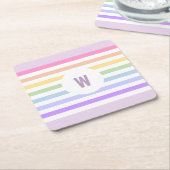 Monogram in witte cirkel pasta regenboogstrips kartonnen onderzetters (Schuin)