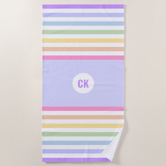 Monogram in witte cirkel pasta regenboogstrips strandlaken (Voorkant)