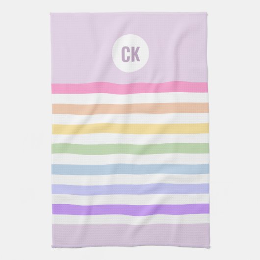 Monogram in witte cirkel pasta regenboogstrips theedoek (Verticaal)