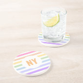 Monogram in witte cirkel pasta regenboogstrips zandsteen onderzetter (Zijkant)