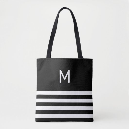 Monogram in zwart-wit, streped tote bag (Voorkant)