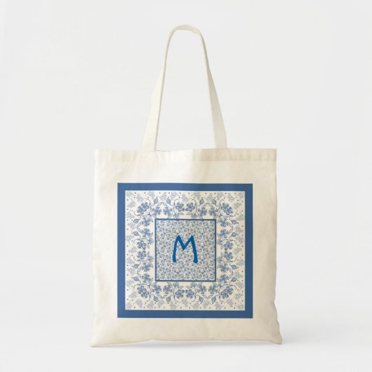 Monogram Indigo Blue Floral Border Canvas tas (Voorkant)