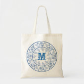 Monogram Indigo Blue Floral Border Canvas tas (Voorkant)
