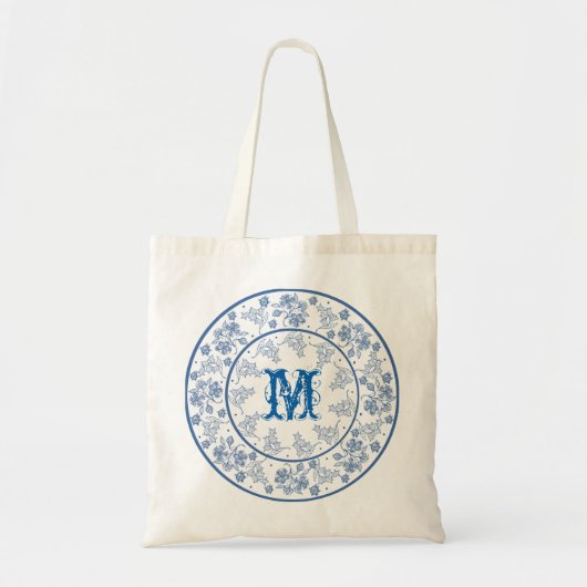 Monogram Indigo Blue Floral Border Canvas tas (Voorkant)