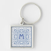 Monogram Indigo Blue Floral Border Sleutelhanger (Voorkant)