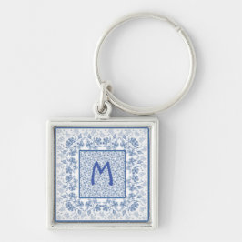 Monogram Indigo Blue Floral Border Sleutelhanger