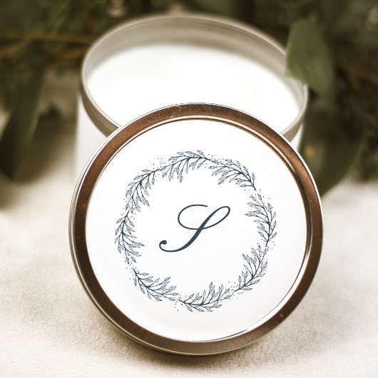 Monogram Indigo Blue Wreath Classic Script Wedding Ronde Sticker