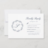 Monogram Indigo Blue Wreath Wedding RSVP Kaartje (Voorkant)