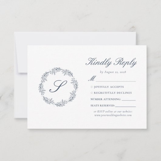 Monogram Indigo Blue Wreath Wedding RSVP Kaartje (Voorkant)