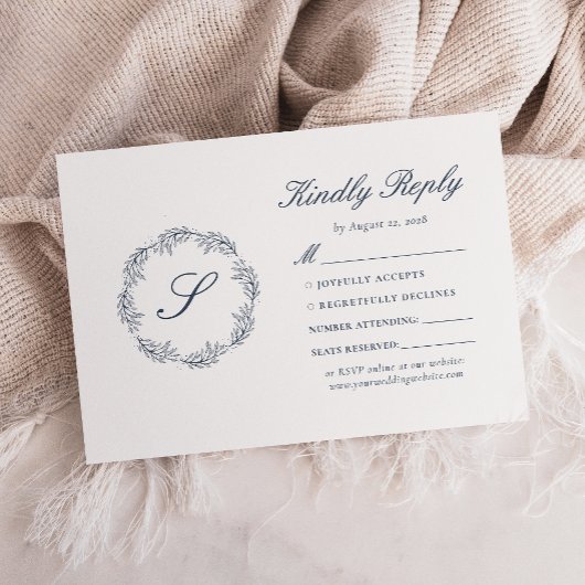 Monogram Indigo Blue Wreath Wedding RSVP Kaartje