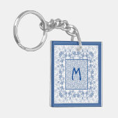 Monogram Indigo Floral Border Acrylische Sleutelha Sleutelhanger (Voorkant Links)