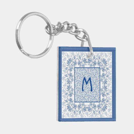 Monogram Indigo Floral Border Acrylische Sleutelha Sleutelhanger (Voorkant Links)