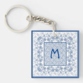 Monogram Indigo Floral Border Acrylische Sleutelha Sleutelhanger (Voorkant)