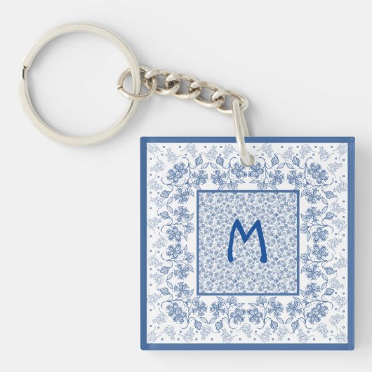 Monogram Indigo Floral Border Acrylische Sleutelha Sleutelhanger (Voorkant)