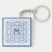 Monogram Indigo Floral Border Acrylische Sleutelha Sleutelhanger (Achterkant)