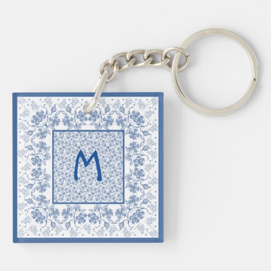 Monogram Indigo Floral Border Acrylische Sleutelha Sleutelhanger (Achterkant)