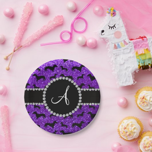 Monogram indigo paarse glitter dachshund papieren bordje (Feest)