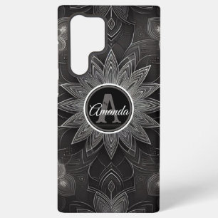 Monogram ingewikkelde zwarte en witte bloemen mand samsung galaxy hoesje
