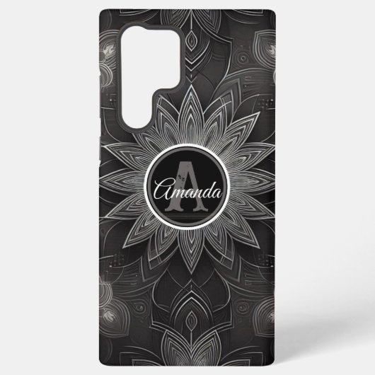 Monogram ingewikkelde zwarte en witte bloemen mand samsung galaxy hoesje (Achterkant)