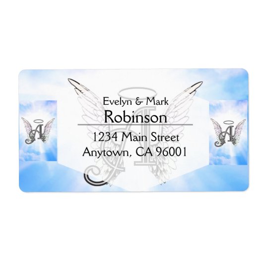 Monogram Initiaal A, Angel Wings & Halo met Clouds Etiket (Voorkant)