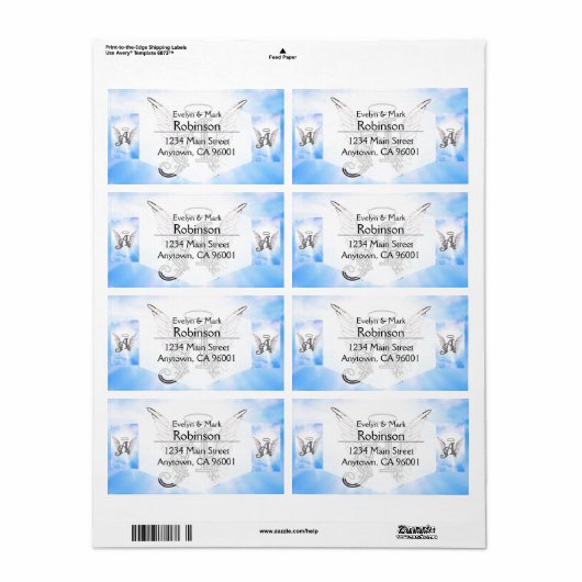 Monogram Initiaal A, Angel Wings & Halo met Clouds Etiket (Full Sheet)