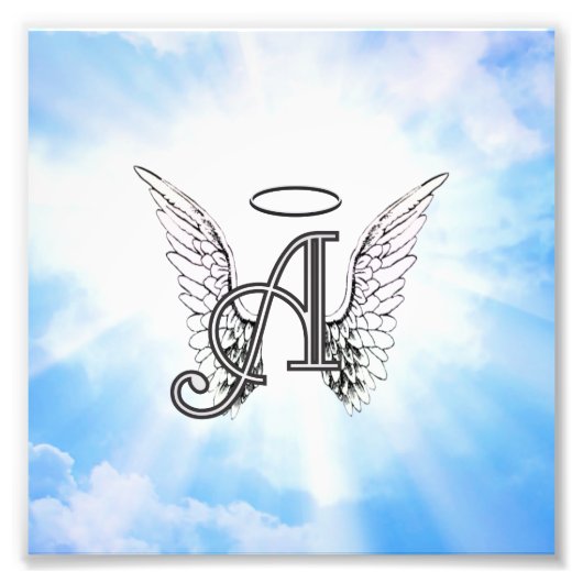Monogram Initiaal A, Angel Wings & Halo met Clouds Foto Afdruk (Voorkant)