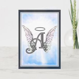 Monogram Initiaal A, Angel Wings & Halo met Clouds Notitiekaartje