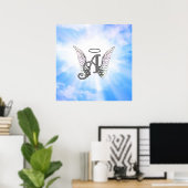 Monogram Initiaal A, Angel Wings & Halo met Clouds Poster (Thuiskantoor)