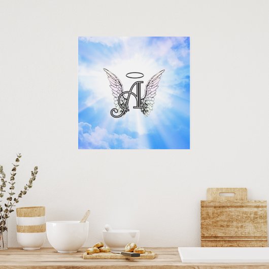 Monogram Initiaal A, Angel Wings & Halo met Clouds Poster (Keuken)